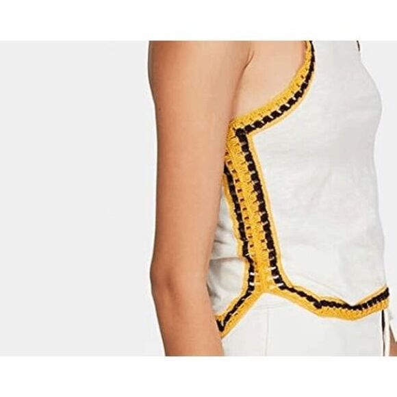 Free People Black Yellow Ivory Bora Bora Racerback Crochet Linen Blend Trim Tank - Picture 11 of 11